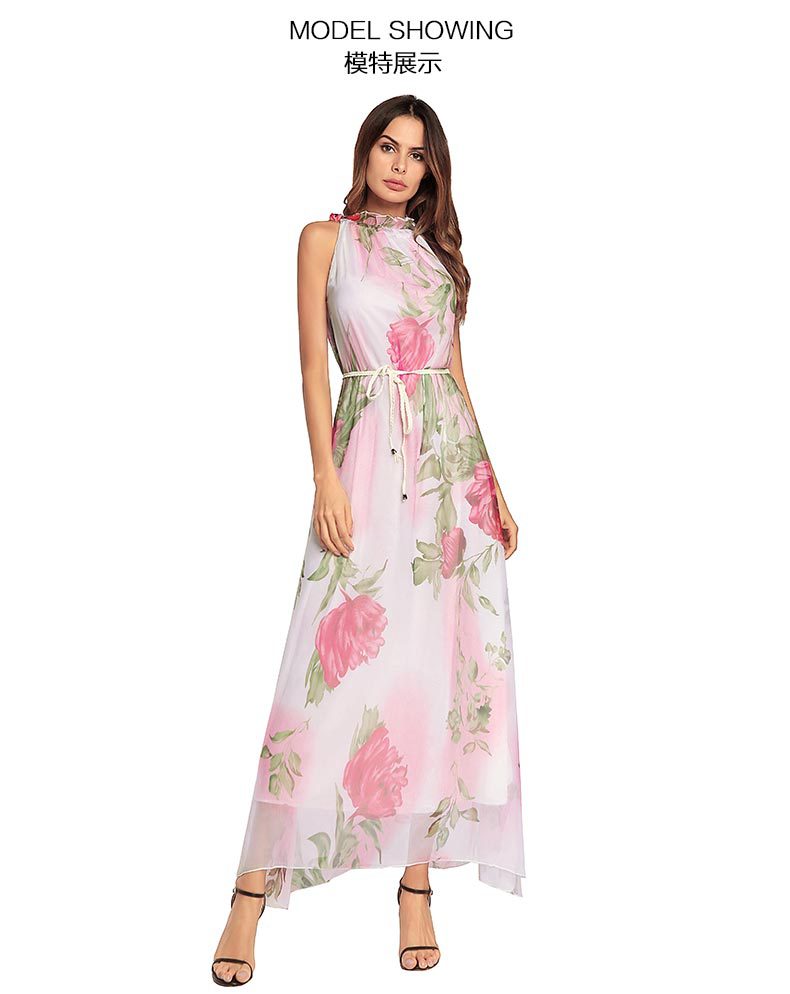 SZ60137 Pink Floral Printed Halter Maxi Dress